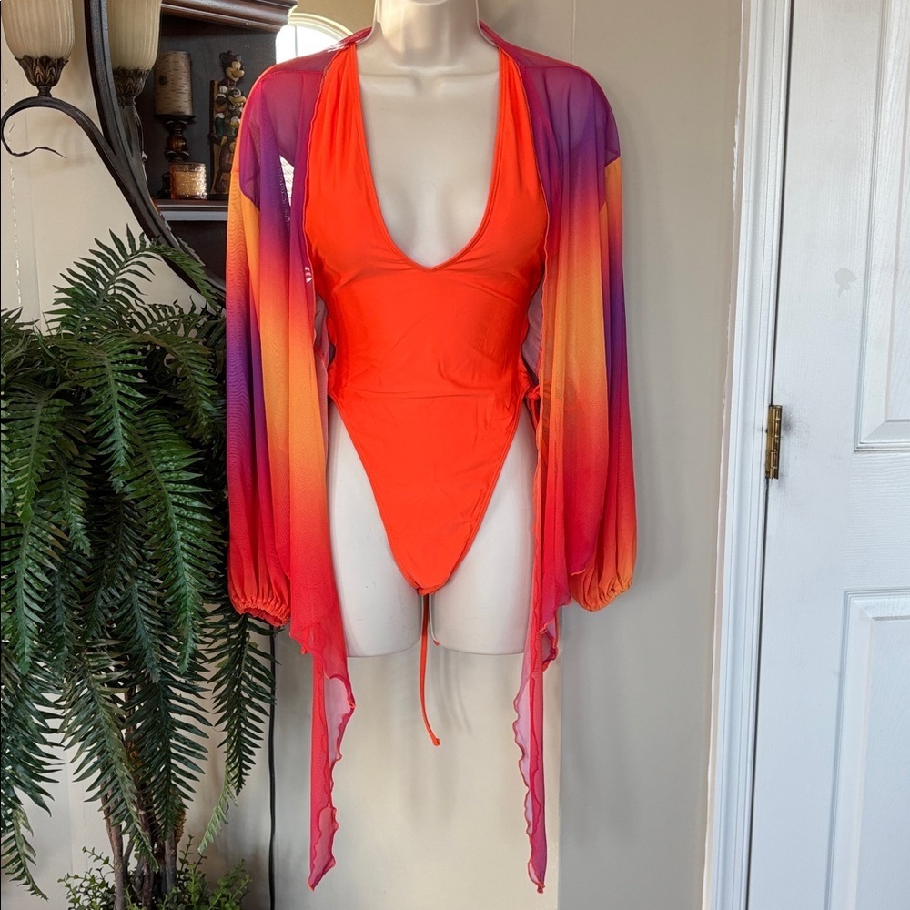 NWOT Orange Plunge One Piece Tie Back Swimsuit w/ Long Sleeve Ombre Mesh CoverUp
